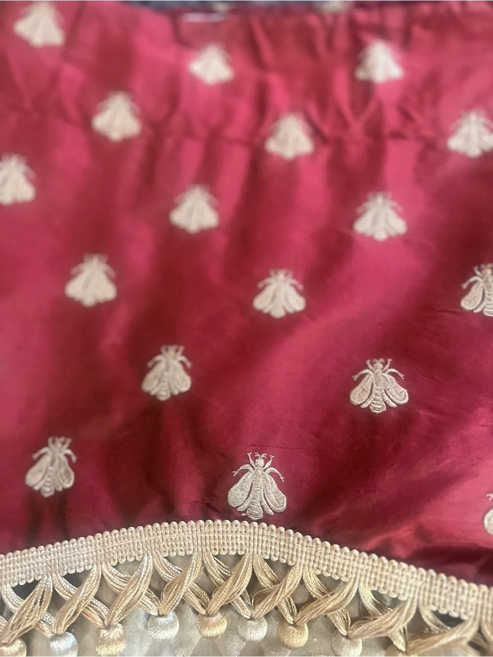 Pair Pure Silk Empire Valances Embroidered Gold Bees Scalloped Fringe